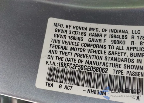2016 Honda Civic Lx z USA, uszkodzony, nr VIN 19XFC2F50GE058062